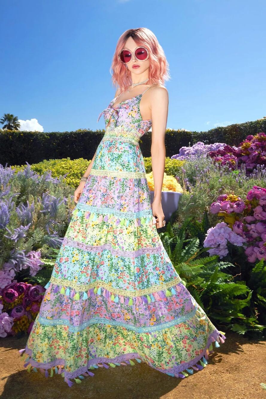 Alice + Olivia Karolina 12 Floral Paneled Tie-Front Maxi Dress